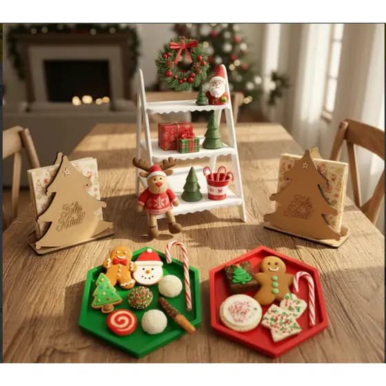 Decoração Mesa Natal com Escadinha e 2 Bandejas Kit Ideal para Festas Ceias e Confraternizações