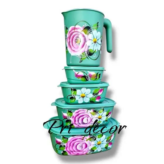 Kit conjunto 4 peças com jarra plástico,conjunto de potes com jarra decorado a mão, potes vasilhas multiuso**
