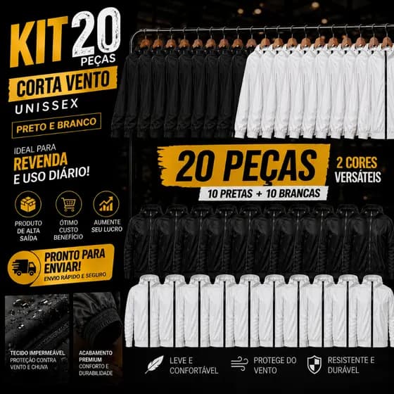 Kit 20 Jaqueta Corta Vento Unissex Impermeável Capuz Ajustável Leve Resistente Para Revenda Fácil Alto Giro
