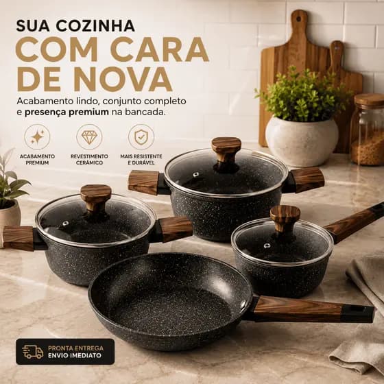 Jogo de Panelas Antiaderentes 4/5 Peças com Revestimento Cerâmico Para Indução/Gás Tampa de Vidro INMETRO