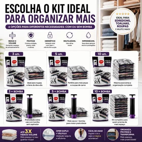 Sacos a Vácuo Organizador Grande 70x110 Kit 3 5 10 Unidades para Roupas e Edredom