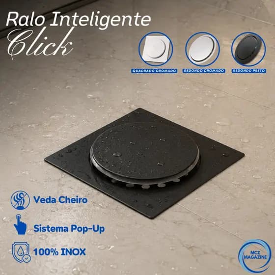 Ralo Click Inteligente 10X10/15X15 Cm - Redondo/Quadrado Inox Banheiro Veda Cheiro Banheiro