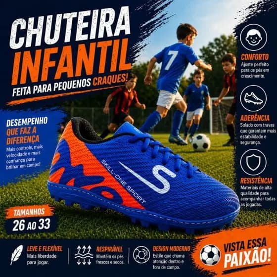 Chuteira do 26 ao 33 Society Infantil Costurada Leve Reforçada Grama Sintética Futebol Kids Envio Imediato