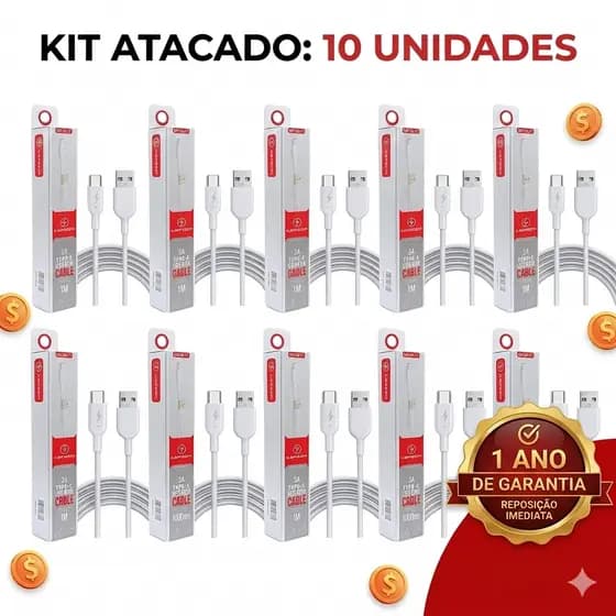 Kit 10 Cabos Tipo C Para USB 1m Atacado Turbo 3A Carregamento Rapido Transmissao De Dados Original Para Revenda Assisten