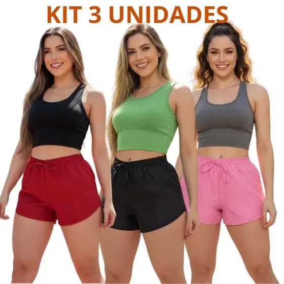 KIT 3 Short Feminino para Academia Caminhada saída de Praia Tactel P ao Plus size G3