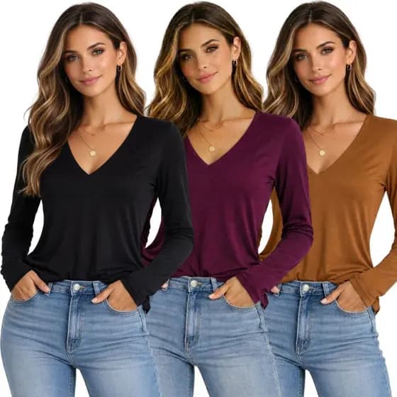 Kit 3 Blusas Feminina Manga Longa Gola V Segunda Pele Basica Elegante Casual