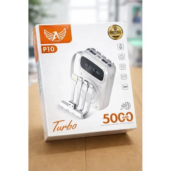 🔋 Carregador portátil 5000mAh com cabos integrados, display digital e carregamento turbo. Prático e compacto!