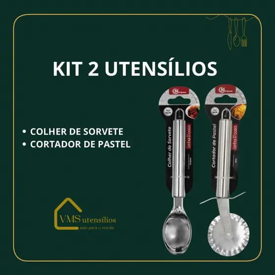 Kit 2 Itens em Aço Inox - 1 Colher de Sorvete 20,5cm e 1 Cortador de Pastel 21cm - Ideal para sua cozinha ou comércio