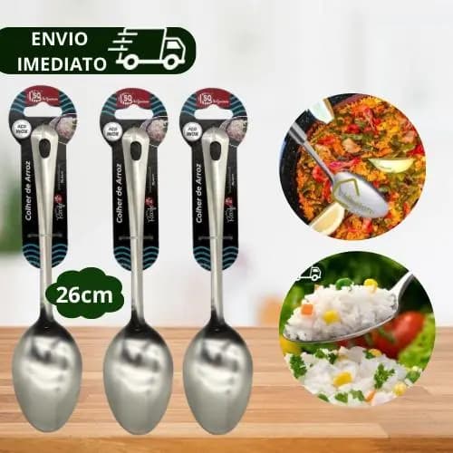 Kit 03 Colher de Arroz Inox 26cm - Tamanho Ergonômico - Ideal Para Diversos Alimentos, Assados, Saladas
