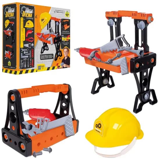 Kit Ferramentas Infantil Mega Oficina 2 Em 1 Com 45 Peças Bancada Completa Com Cinto E Capacete Infantil - Samba Toys