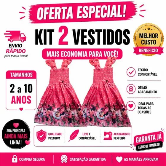 Kit 2 Vestidos Infantil Menina Temático – Escolha 2 Tamanhos (2 a 10 Anos) Promoção mais economia para você