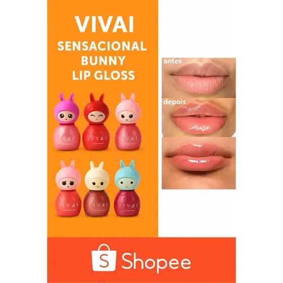 Gloss Labial Bunny Vivai Original Brilho Intenso e Hidratação, Lip Gloss Coelhinho Fofo, Maquiagem Feminina