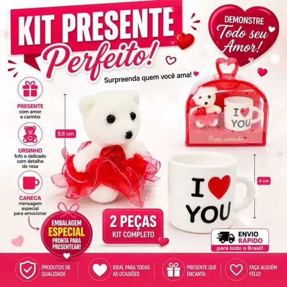 Kit Presente Amor Ursinho + Caneca I Love You Romântico Dia dos Namorados dia da maes Criativo Fofo 2 Peças
