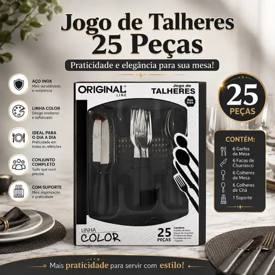 Jogo de Talheres Inox 25 Peças com Suporte Organizador Linha Color Premium