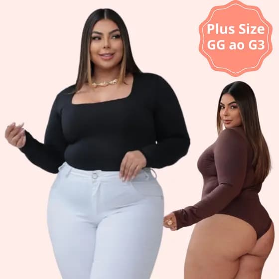 Body Feminino Plus Size Confortavel Manga Longa Decote Quadrado Bori com Fecho