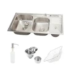 Cuba para cozinha pia dupla em aço inox com acessórios e lixeira Nukini Pingoo