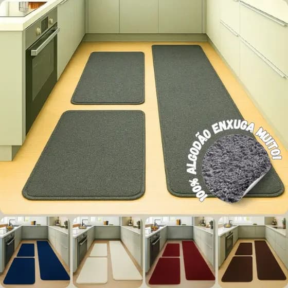 Tapete de Cozinha Quarto Corredor Passadeira Soft Jogo 3 Peças Macio Conforto Algodão