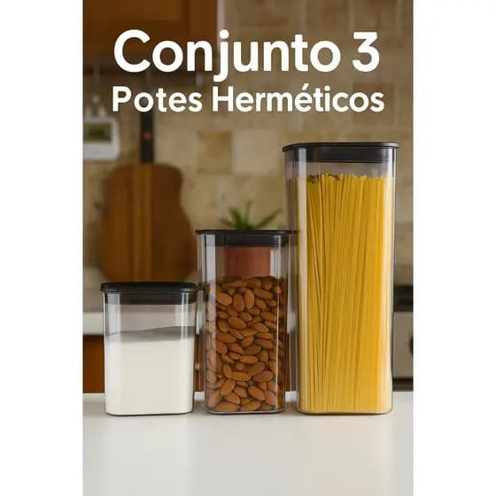 Conjunto 3 Potes Herméticos Plástico Mantimentos Tampa Vedação Cozinha Organização Empilhável