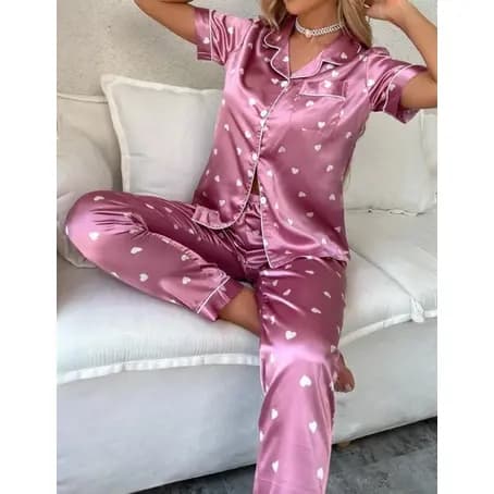 Pijama Feminino Cetim Manga Curta Moda Promoção Coração Bola Listras