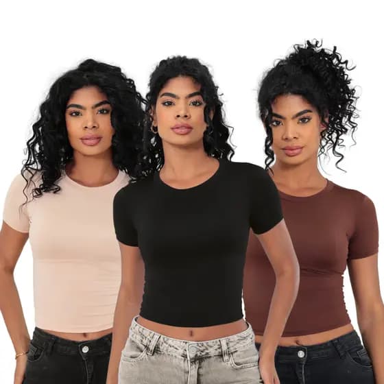 KIT 3: Baby Tee Feminina - Blusa Slim Fit Manga Curta - Blusa de Compressao