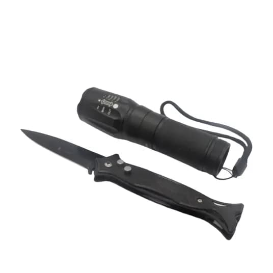 Kit lanterna de Led recarregável + Canivete de aço semi automático com trava