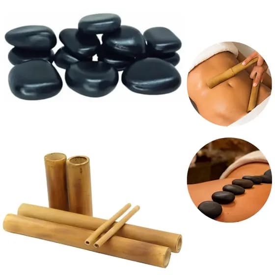 Kit Redução de medidas 12 pedras para massgem quentes + 6 bambus bambuterapia termoterapia