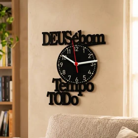 Relógio de Parede Decorativo Deus é Bom O Tempo Todo Mdf Preto