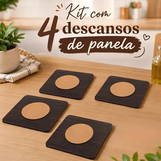 Kit 4 Descansos de Panela Cortiça em MDF Proteção para Mesa 17x17cm Apoio de Panelas