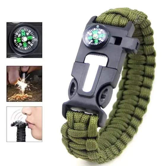 Kit 03 Pulseira Tática de Paracord Verde Bapumel sobrevivência Bússola Apito e Pederneira