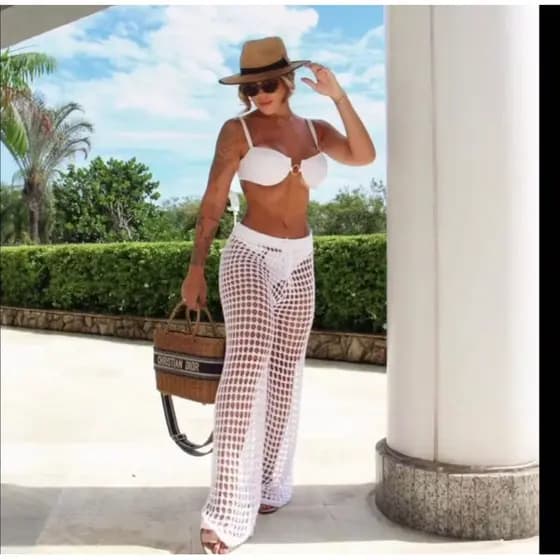 calça saída de praia tricot longa com ajuste na cintura moda praia verão