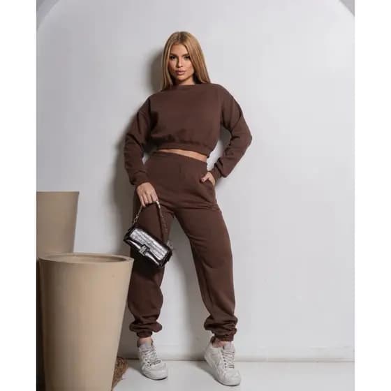 Conjunto moletom feminino calça Jogger e cropped manga longa flanelado moda outono inverno