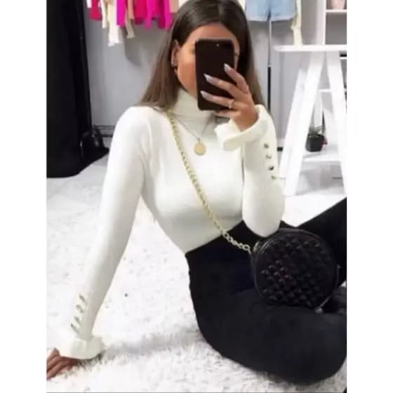 blusa moda feminina tricot linha Gola chacharrel manga botao sueter inverno