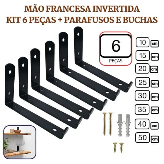 Mão Francesa Invertida 6 Peças Preta Prateleira Industrial Cantoneira Invisível Suporte Microondas com Parafusos para Instalação