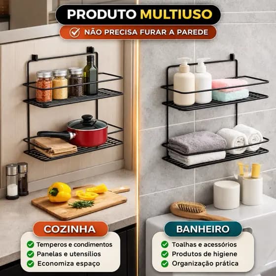 Suporte Organizador Duplo Multiuso sem Furo- Prateira Banheiro Cozinha com Gancho Adesivo Forte