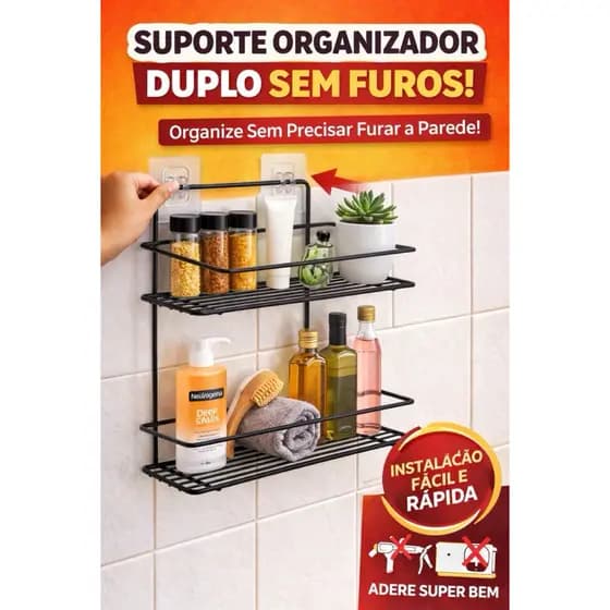 Suporte Organizador Duplo Multiuso sem Furo- Prateira Banheiro Cozinha com Gancho Adesivo Forte