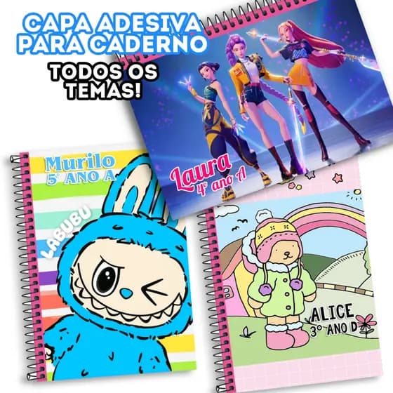 Adesivo para capa de caderno Grande ou Agenda - kit 2 a 6 adesivos (Qualquer tema) Adesivo Escolar