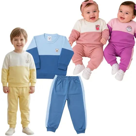 Conjunto Infantil Bicolor Moletom Inverno Menino Menina Blusão Calça Quentinho Confortável Macio