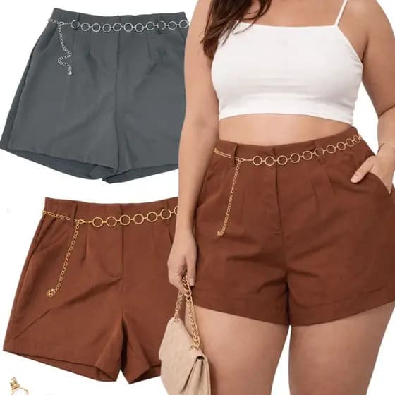 Kit 2 Shorts Plus Size Com Cinto De Brinde Cortesia Moda Feminina Cores Variadas Plus Short Bermuda Cinto Argola