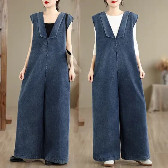 Oladivi Plus Size Feminino Perna Larga Denim Macacões Verão Casual Solto Longo Jean Playsuits Macacão Oversized 619 F113