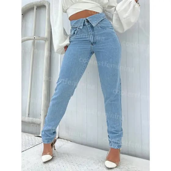 Coolestfeminina 8327 Calca Jeans mom Feminina cintura alta sem rascada