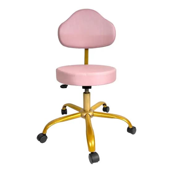Cadeira Mocho Plus para Manicures Clinicas - Couro Sintético Rosa - Base Giratória Dourada