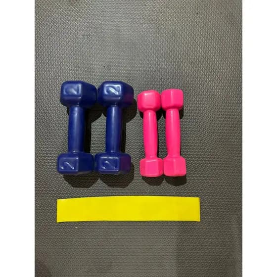 Kit de treino halter semborrachado extavado 2kg azul + halter sextavado 1kg rosa + mini band