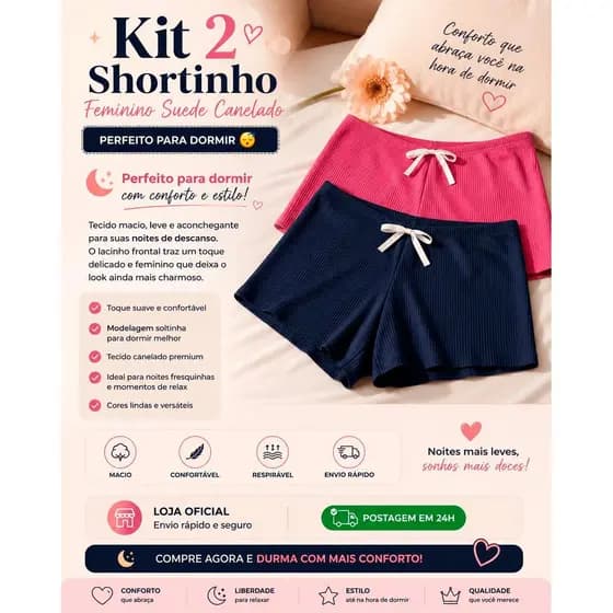 Kit 2 Shortinho Feminino Adulto Suede Canelado Confortável Com Lacinho Frontal para dormir