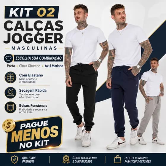 Kit 2 Calças Jogger Masculinas Com Elastano E Bolsos