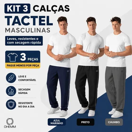 Kit 3 Calças Tactel Masculinas Leves Com Cós Elástico