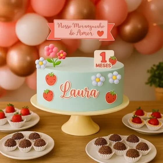 Topo de bolo moranguinho do amor- Tema moranguinho- Topo de bolo personalizado- Topper moranguinho -Festa moranguinho