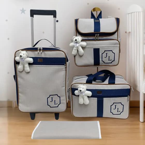 kit de bolsas de maternidade com mala de rodinha, bolsa, mochila bege com faixa azul marinho
