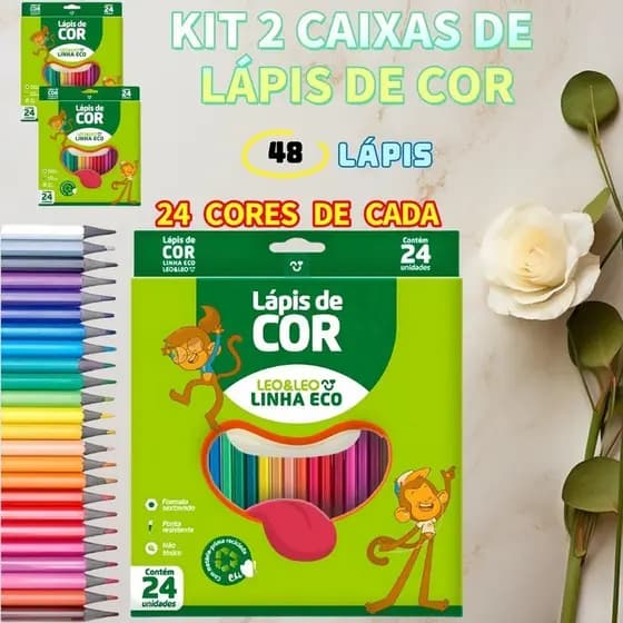 Kit 2 Caixas Lapis De Cor 24 Cores Leo & Leo Eco Sextavado Em Suas Aventuras Artísticas Uso Em Casa