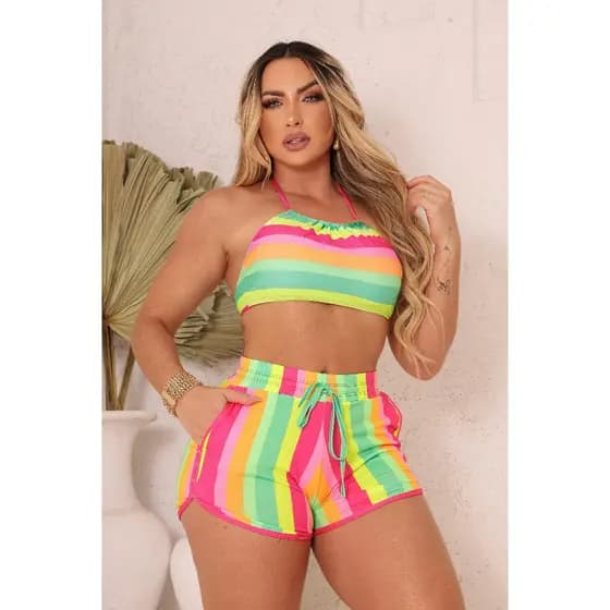Conjunto biquini, cropped + short estampados