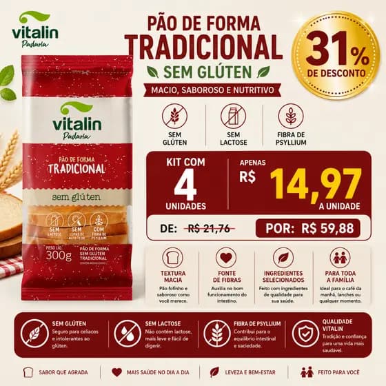 Pão de Forma Tradicional Sem Glúten 300g - Vitalin